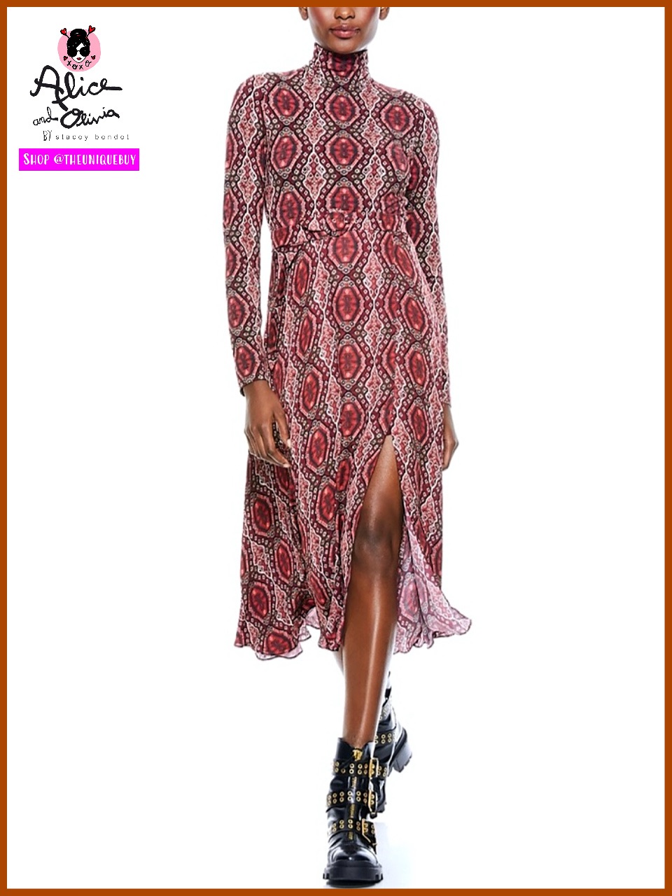 Alice + Olivia Clare Turtleneck Long Sleeve Midi Boho Burgundy Red Dress